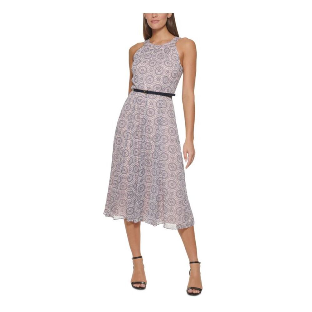 TOMMY HILFIGER Womens Pink Belted Lined Sleeveless Midi Fit + Flare Dress 6